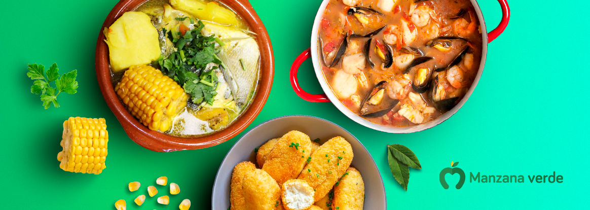 4 platos colombianos con pescado y mariscos  ￼